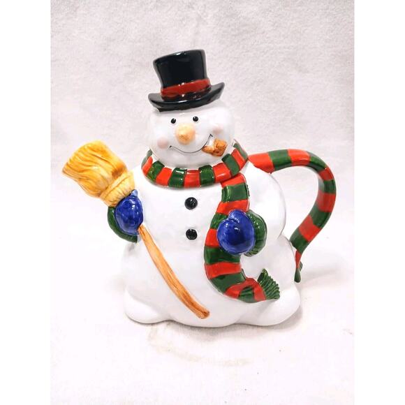 Cooks Club Frosty SNOWMAN TEAPOT Hot Chocolate Server Christmas Holiday Ceramic - Picture 1 of 15
